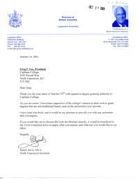 Letter from Daniel Jarvis, MLA North Vancouver-Seymour to Greg Lee, Capilano College President
