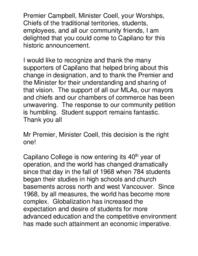 Speech on the occaision of official redesignation of Capilano College as Capilano University.
