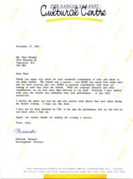 Thank You Letters from the Vancouver East Cultural Centre