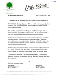 First Bachelor of Music therapy Degree in Western Canada