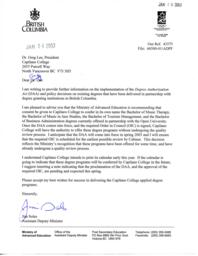 Letter from Jim Soles, Assistant Deputy Minister of Advanced Education to Greg Lee, Capilano College President
