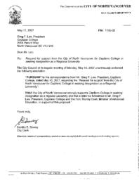 Letters of support for Capilano's university status