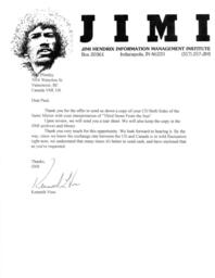 Kenneth Voss of The Jimi Hendrix Management Institute Letter to Paul Plimley