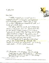 Claire Sykes Letter to Paul Plimley