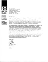 Letter from Greg Lee, Capilano College President to Dr. Terry Piper, President and CEO (Interim) of Open Learning Agency