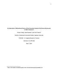 An exploration of motivational factors of post-secondary students visiting Korean restaurants in Metro Vancouver
